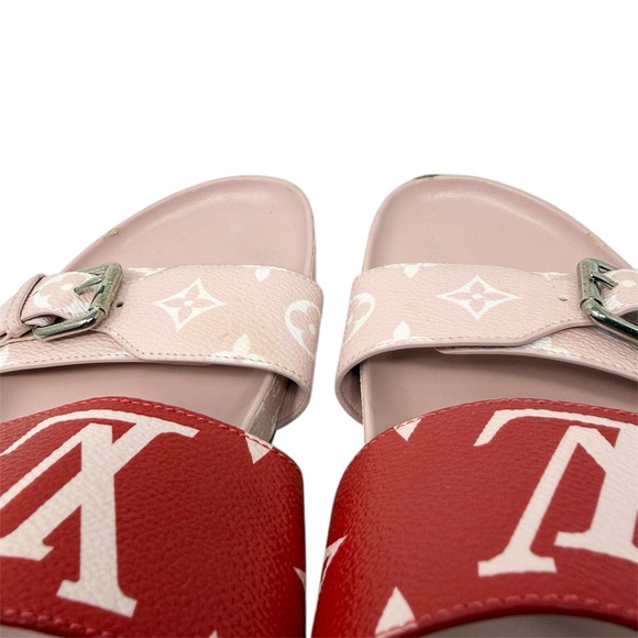 Louis Vuitton Bom Dia Monogram Canvas Flat Slide Sandals Pink Red Size 37 - Picture 10 of 12